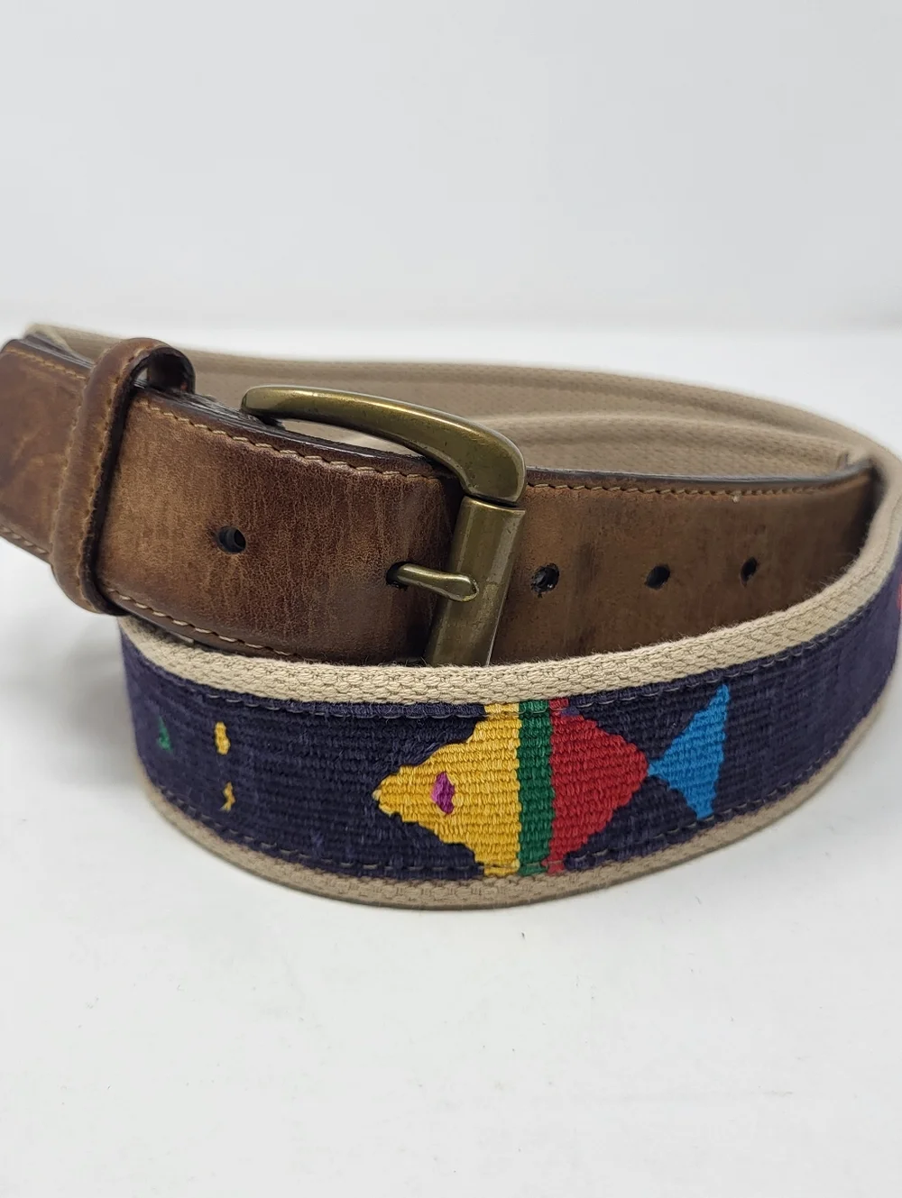 Orvis Woven Fish Textile & Leather Colorful Belt Vintage‎ Brass Buckle Size 40